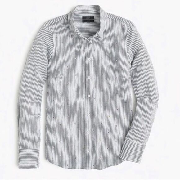 J. Crew Tops - J. Crew Embellished Rhinestone Striped Perfect Button Down Shirt, Size 4 NWOT